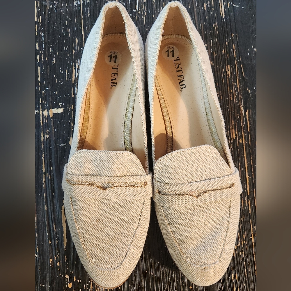 Just Fab Beige and Gold Mules (Size 11)